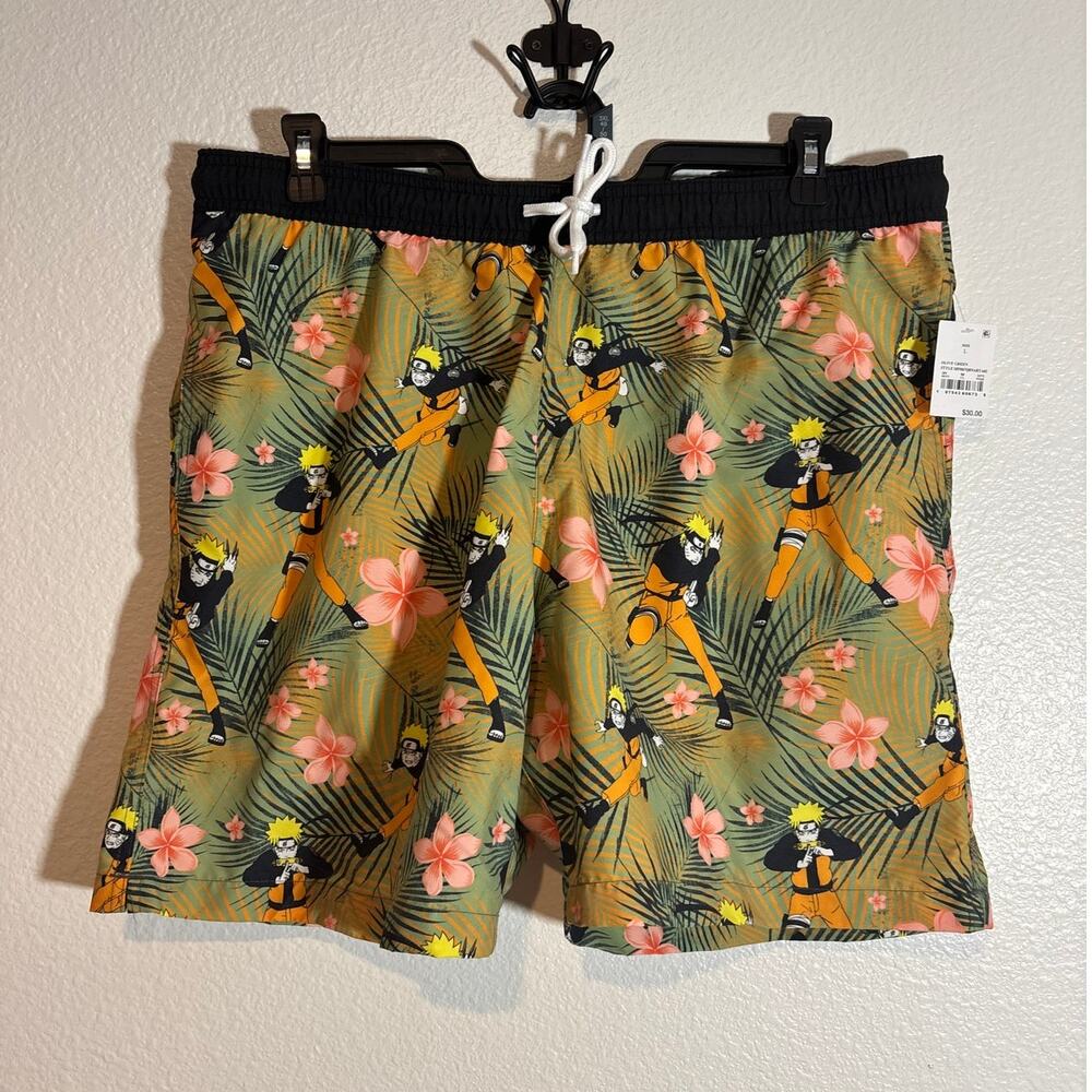 Naruto NWT Men's Size Large Hawaiian Print Anime Graphic Drawstring Swim Trunks